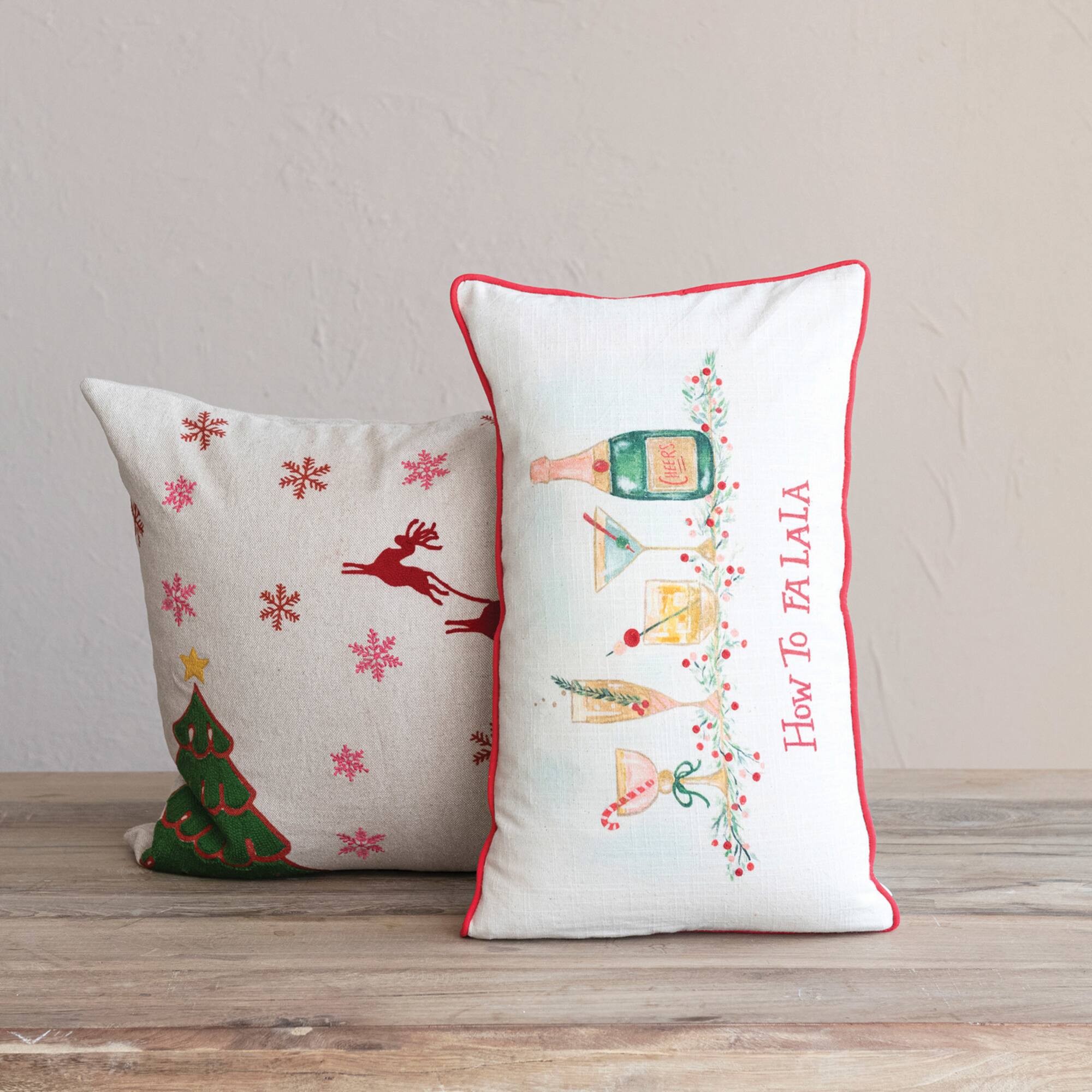 Hello Honey® 20" x 12" Embroidered How to Fa La La Cotton Slub Lumbar Pillow with Red Piping